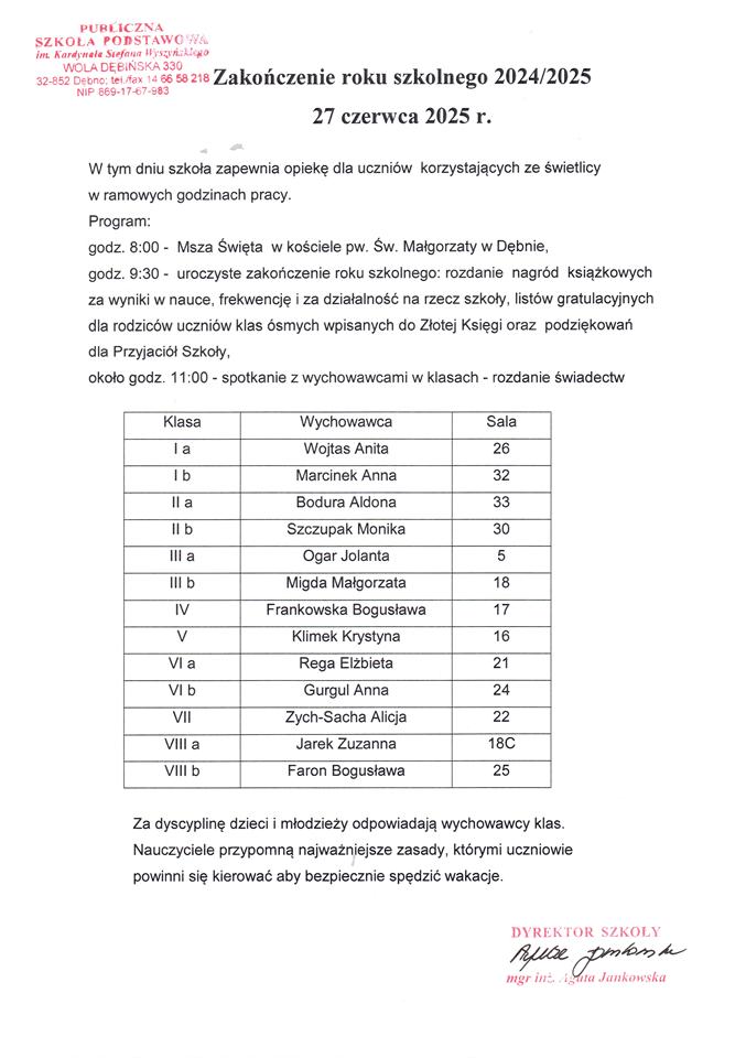 Zakończenie roku szkolnego 2024/2025